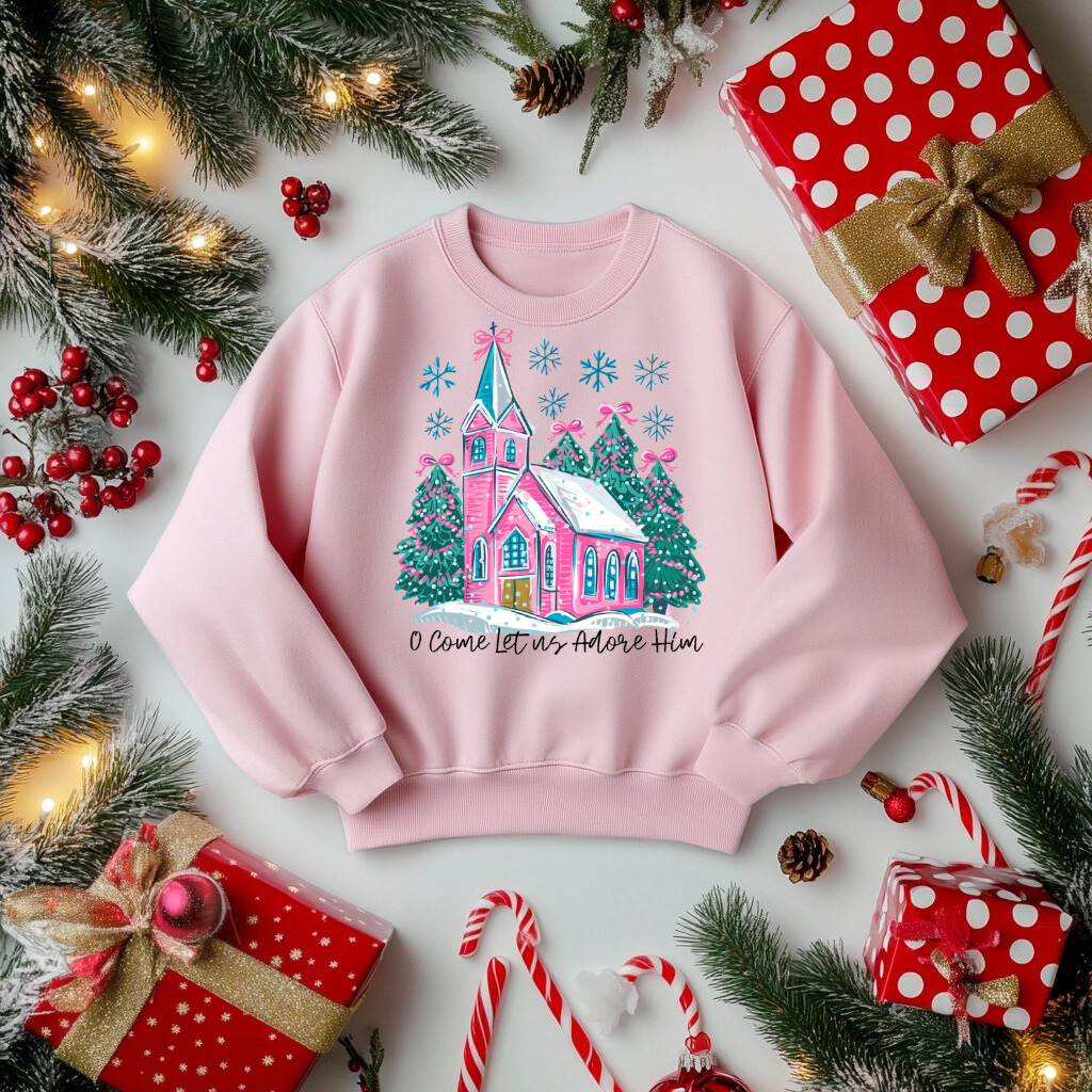 Pink Christmas Sweatshirt – "O Come Let Us Adore Him" | Cozy Holiday Christian Apparel
