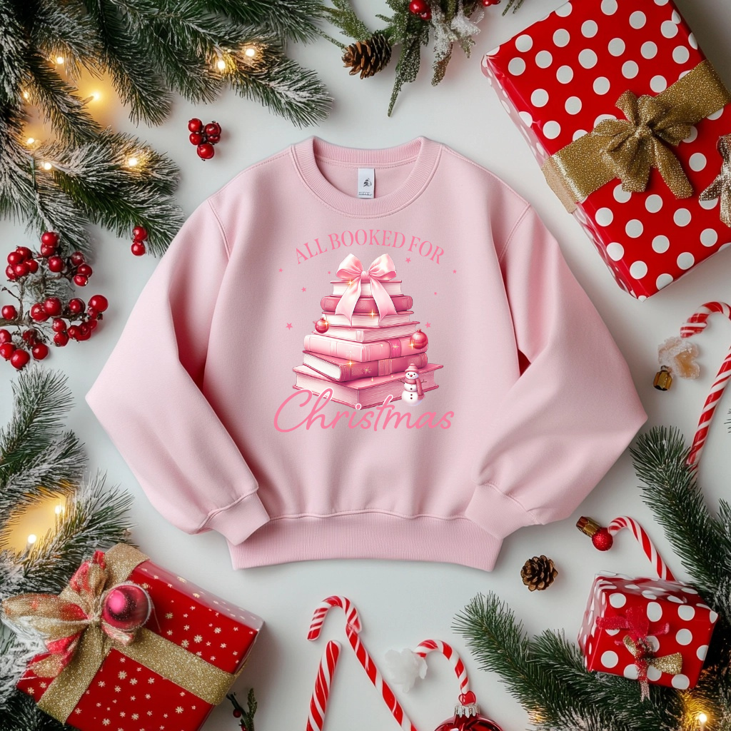 Pink Christmas Sweater for Book Lovers -"All Booked for Christmas" Sweatshirt Christmas Sweatshirt