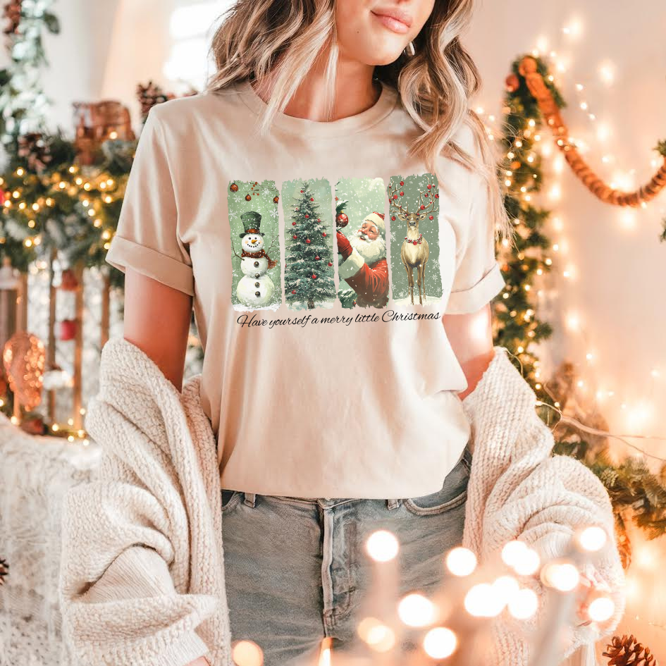 Vintage Christmas Graphic T-Shirt - Santa, Snowman, Tree & Reindeer Holiday Tee