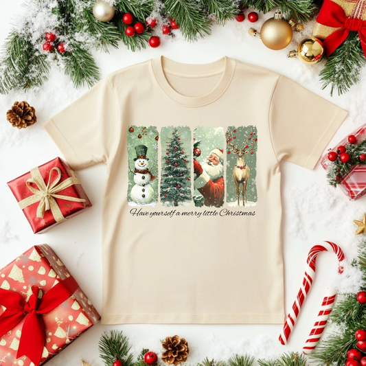 Vintage Christmas Graphic T-Shirt - Santa, Snowman, Tree & Reindeer Holiday Tee