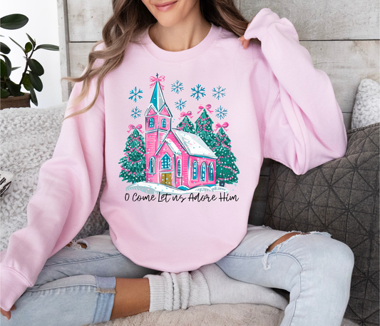 Pink Christmas Sweatshirt – "O Come Let Us Adore Him" | Cozy Holiday Christian Apparel