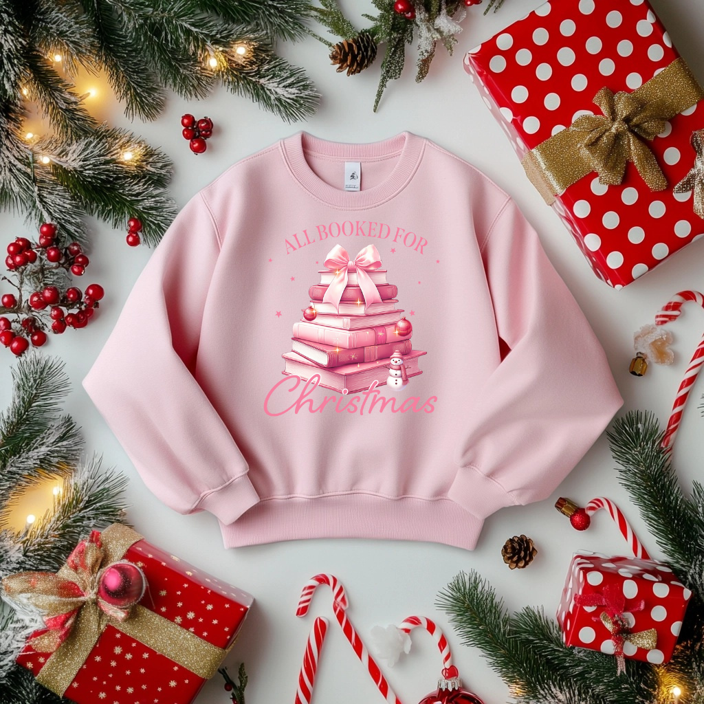 Pink Christmas Sweater for Book Lovers -"All Booked for Christmas" Sweatshirt  Christmas Sweatshirt